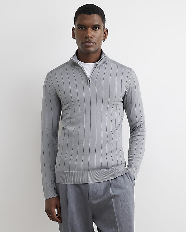 Grey Muscle Fit Half Zip Jumper