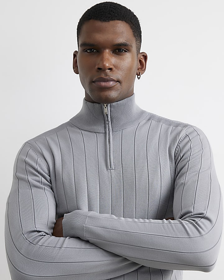Grey Muscle Fit Half Zip Jumper