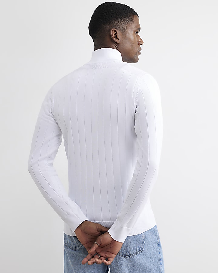 White Muscle Fit Half Zip Jumper