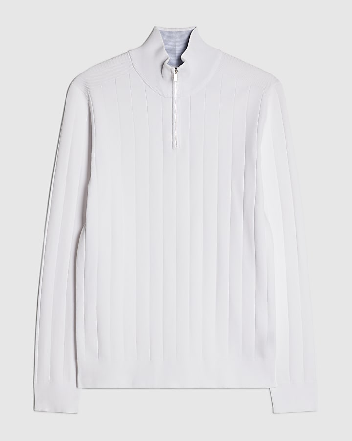White Muscle Fit Half Zip Jumper