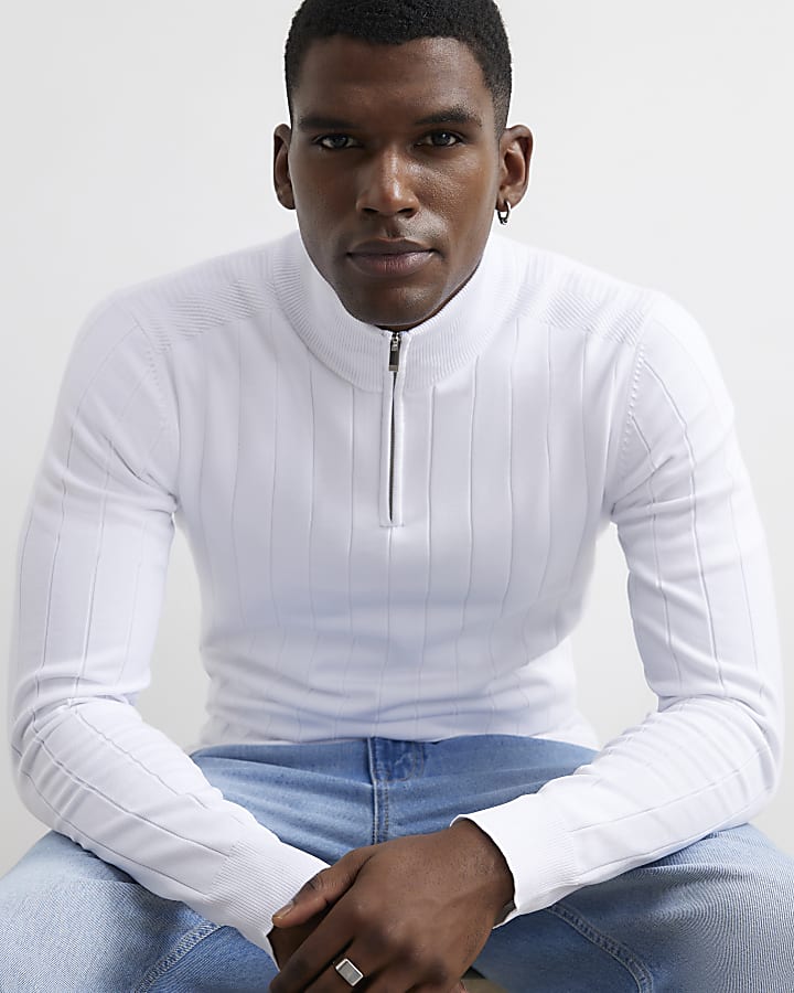 White Muscle Fit Half Zip Jumper