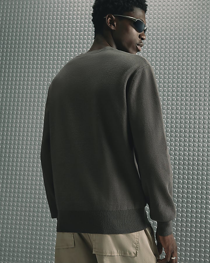Khaki Regular Fit Knit Badged Jumper