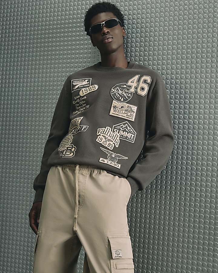 Khaki Regular Fit Knit Badged Jumper