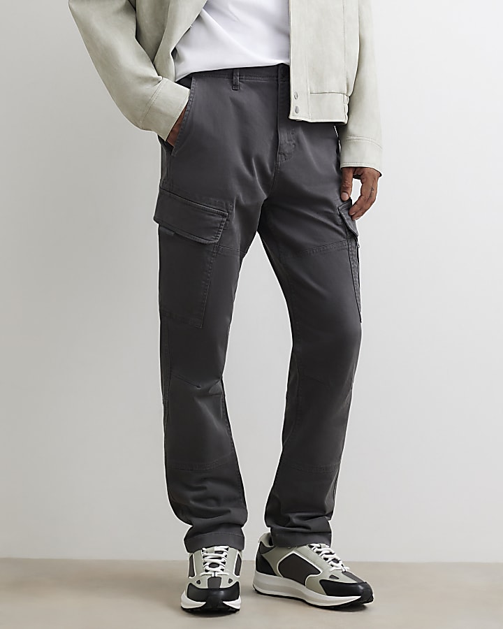 Grey Skinny Fit Cotton Cargo Trousers