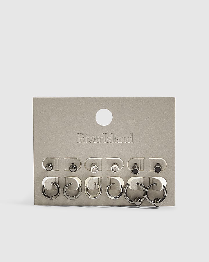 Silver Metal Multi Hoop Earrings Pack Of 6