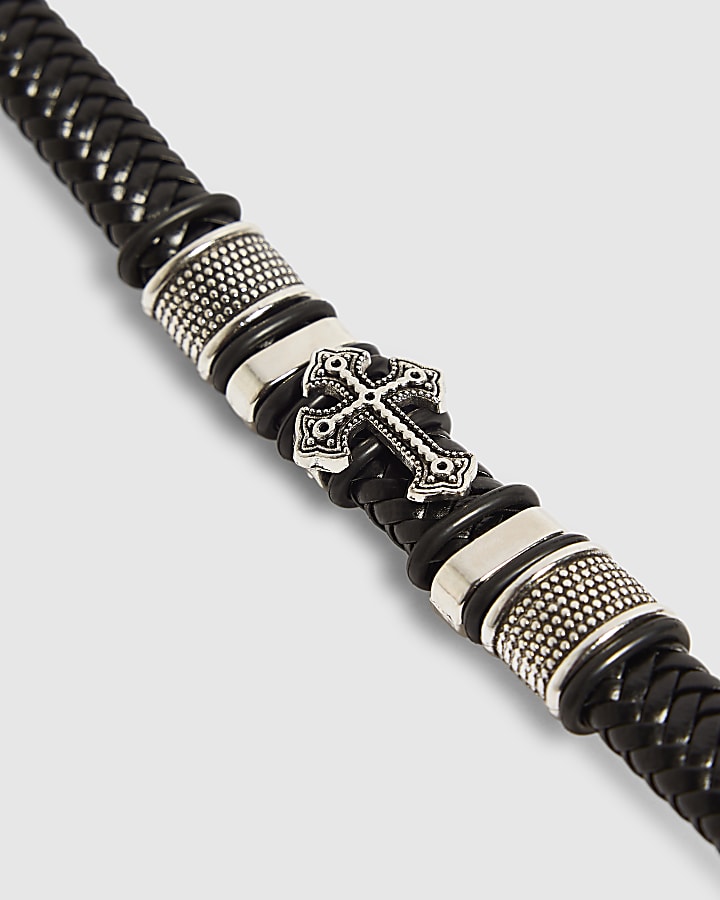 Black Faux Leather Braid Cross Bracelet