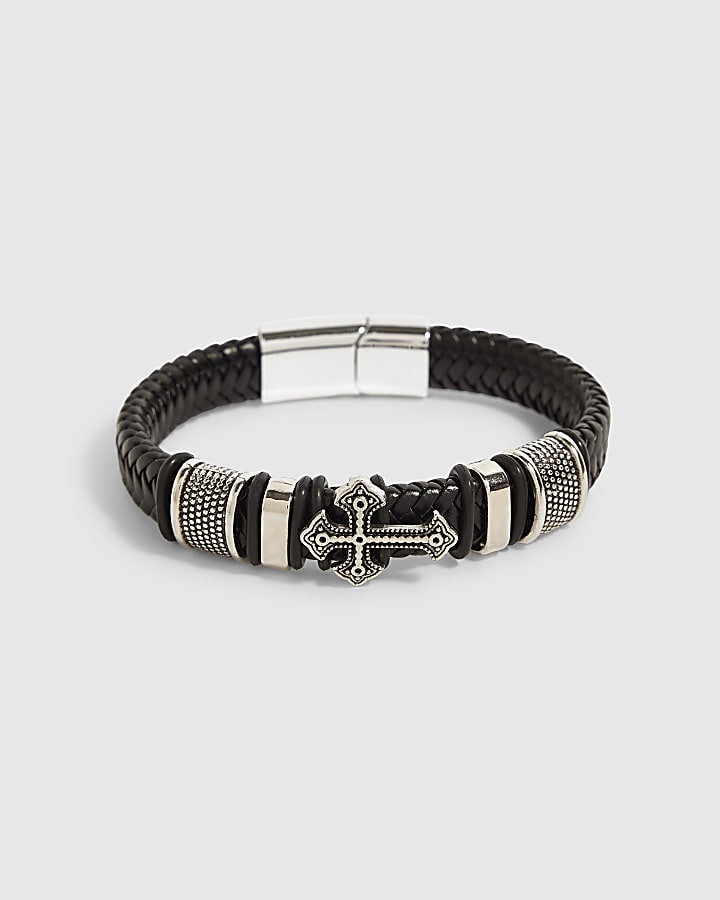 Black Faux Leather Braid Cross Bracelet