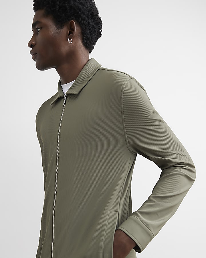 Khaki Muscle Fit Ribbed Overshirt