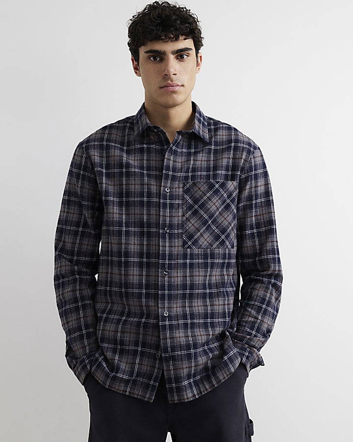 Navy Regular Fit Check Long Sleeve Shirt