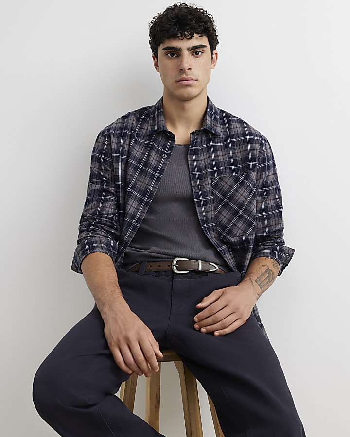 Navy Regular Fit Check Long Sleeve Shirt