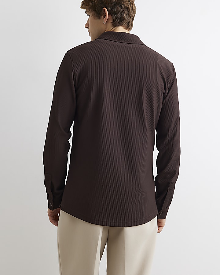 Brown Muscle Fit Ribbed Shirt