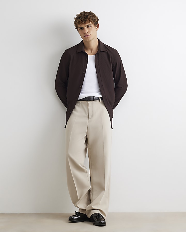Brown Muscle Fit Ribbed Shirt