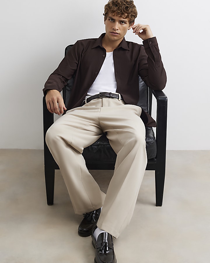 Brown Muscle Fit Ribbed Shirt