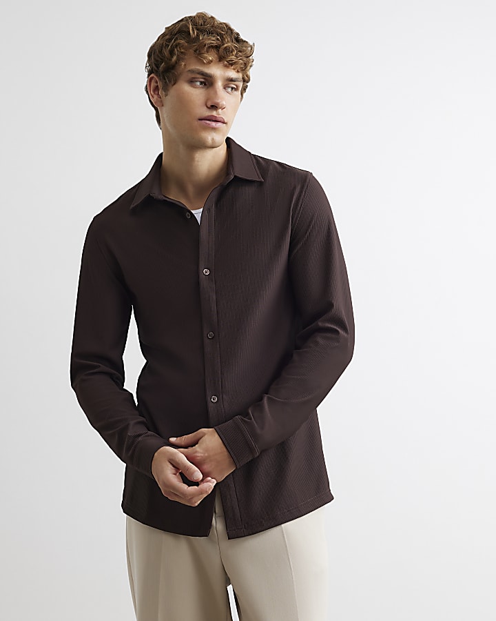 Brown Muscle Fit Ribbed Shirt