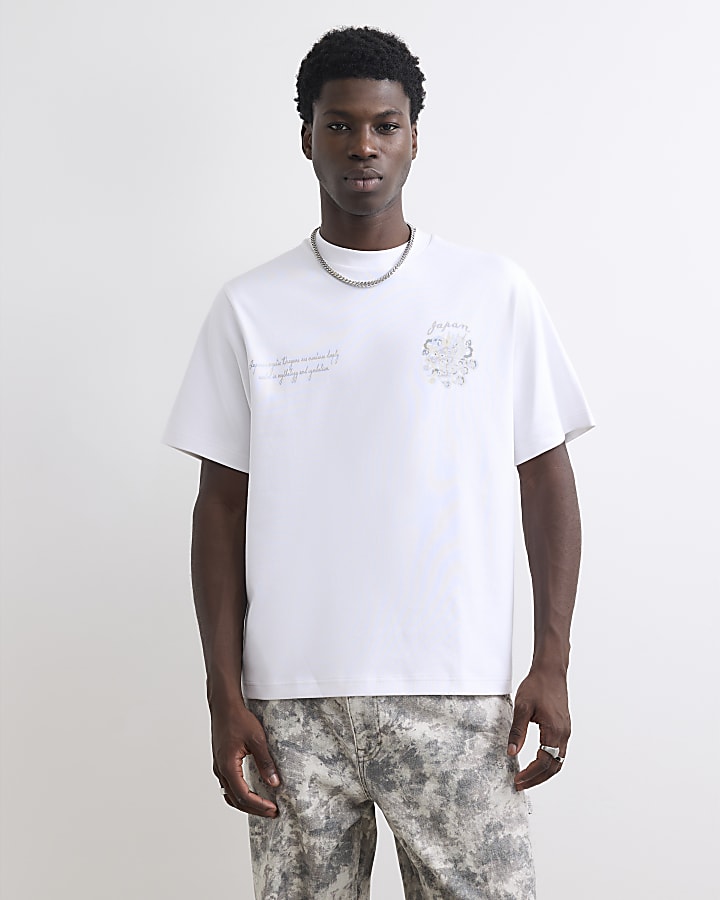 White Silver Dragon Embroidered T-Shirt