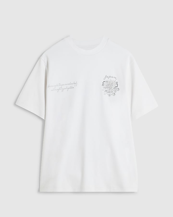 White Silver Dragon Embroidered T-Shirt