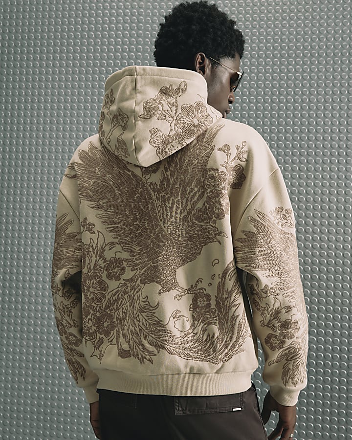 Beige Oversized Fit Embroidery Bird Hoodie