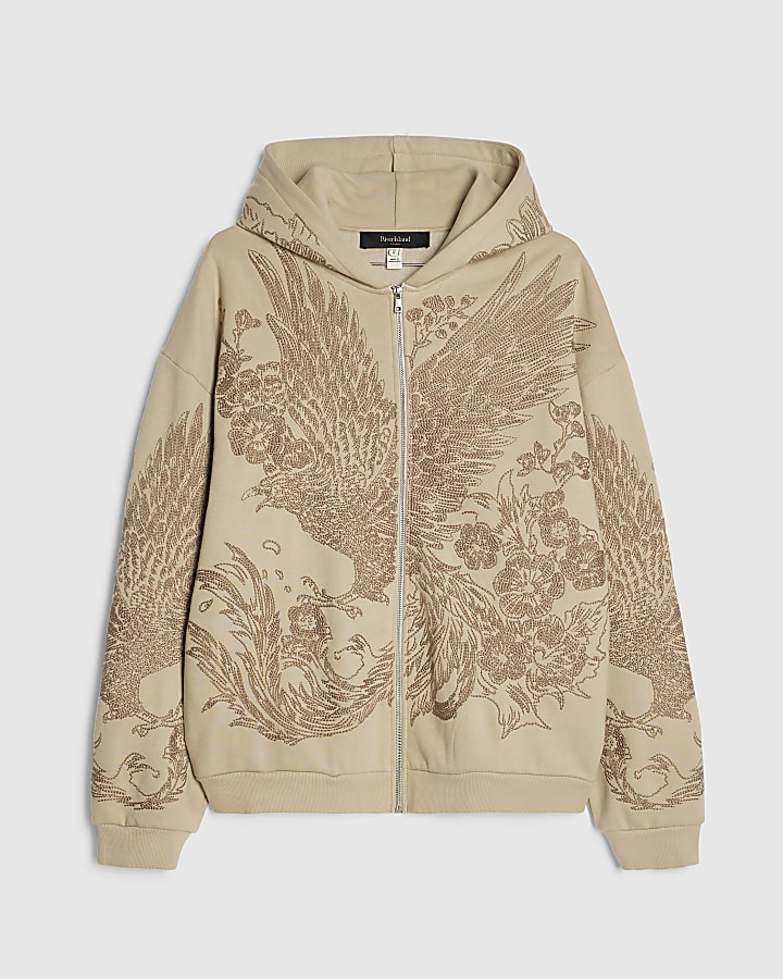 Beige Oversized Fit Embroidery Bird Hoodie