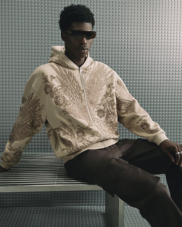 Beige Oversized Fit Embroidery Bird Hoodie