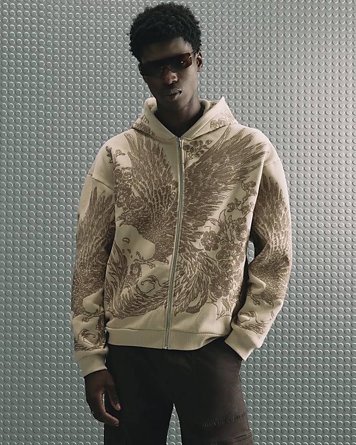 Beige Oversized Fit Embroidery Bird Hoodie