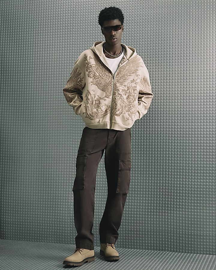 Beige Oversized Fit Embroidery Bird Hoodie