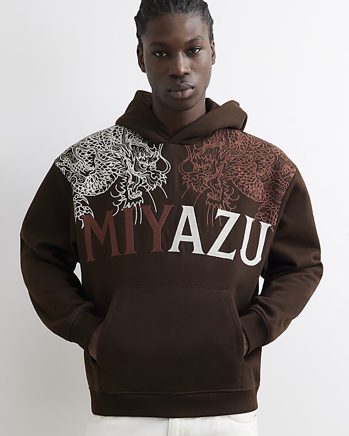 Brown Oversized Fit Dragon Miyazu Hoodie