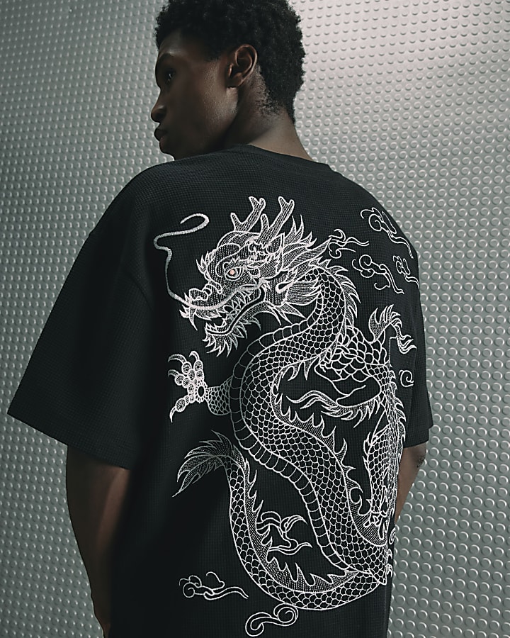 Black Waffle Knit Embroidered Dragon T-Shirt