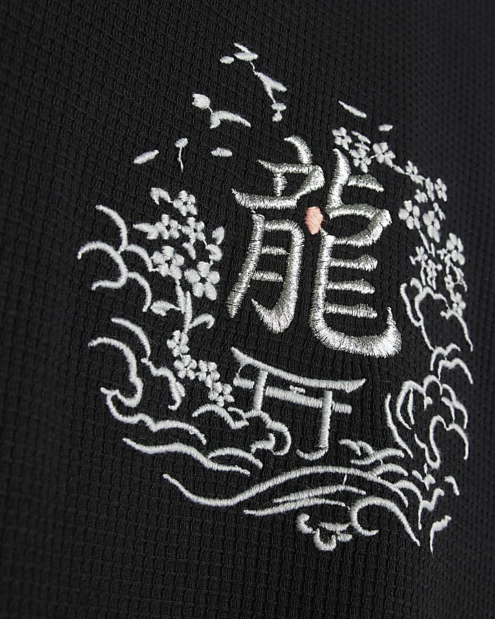 Black Waffle Knit Embroidered Dragon T-Shirt