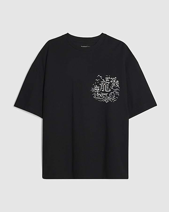 Black Waffle Knit Embroidered Dragon T-Shirt