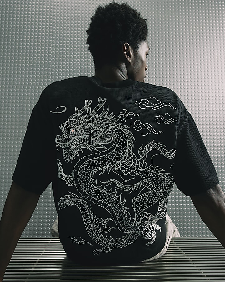 Black Waffle Knit Embroidered Dragon T-Shirt