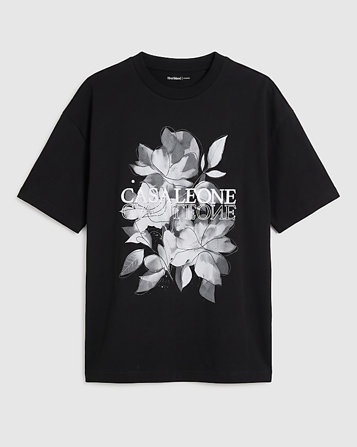 Black Cotton Casa Floral T-Shirt