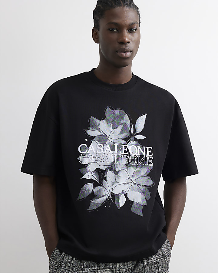 Black Cotton Casa Floral T-Shirt