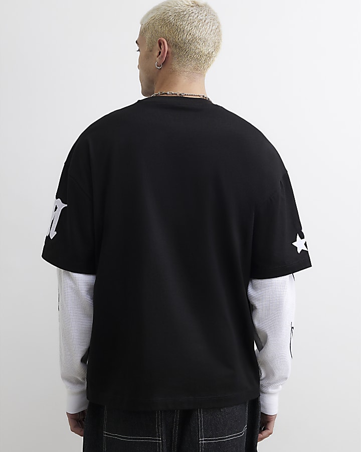 Black Oversized Fit Layered Crest T-Shirt