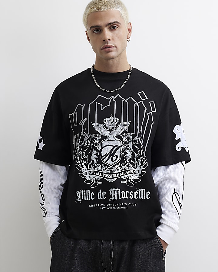 Black Oversized Fit Layered Crest T-Shirt