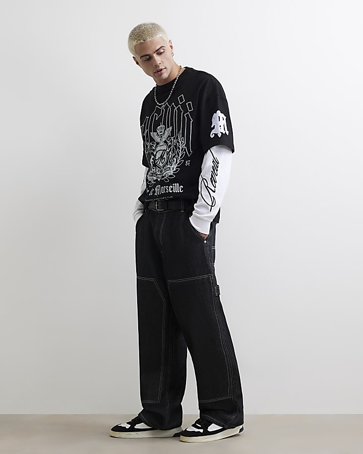 Black Oversized Fit Layered Crest T-Shirt