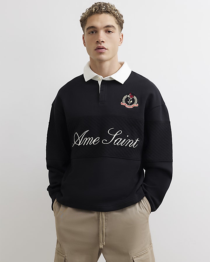 Black Regular Fit Ame Saint Rugby Polo Shirt