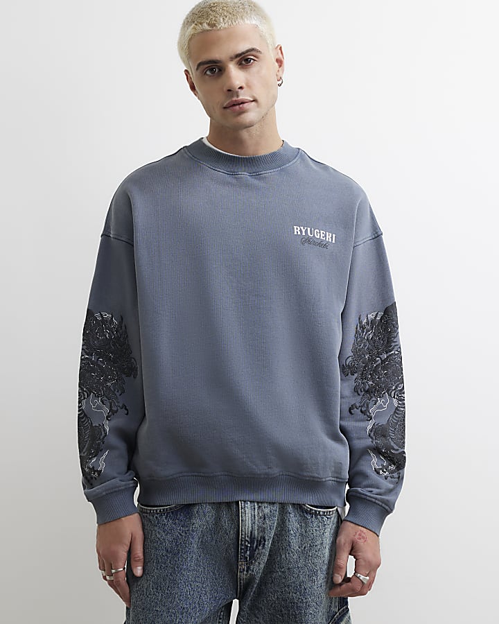 Grey Cotton Japanese Dragon Sweatshirt