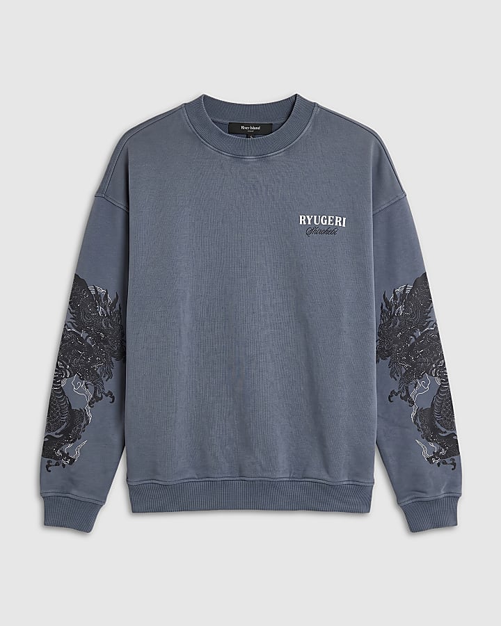 Grey Cotton Japanese Dragon Sweatshirt