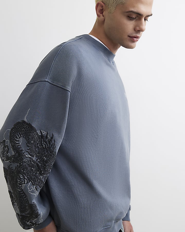Grey Cotton Japanese Dragon Sweatshirt