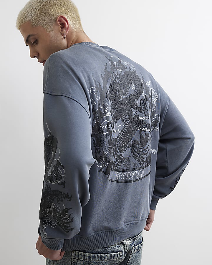 Grey Cotton Japanese Dragon Sweatshirt