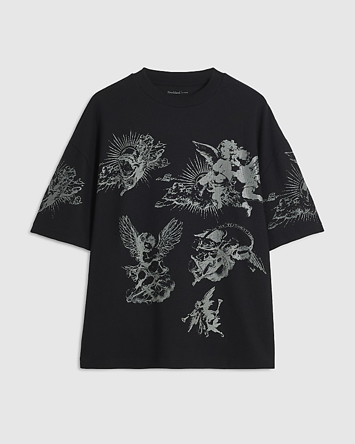 Black Oversized Fit Knit Angels T-Shirt