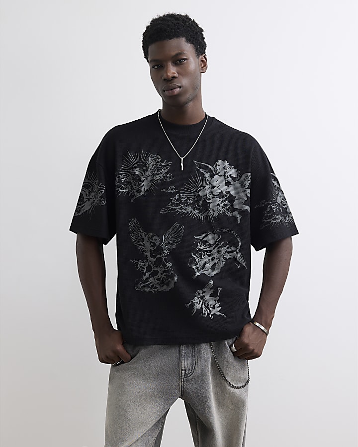 Black Oversized Fit Knit Angels T-Shirt