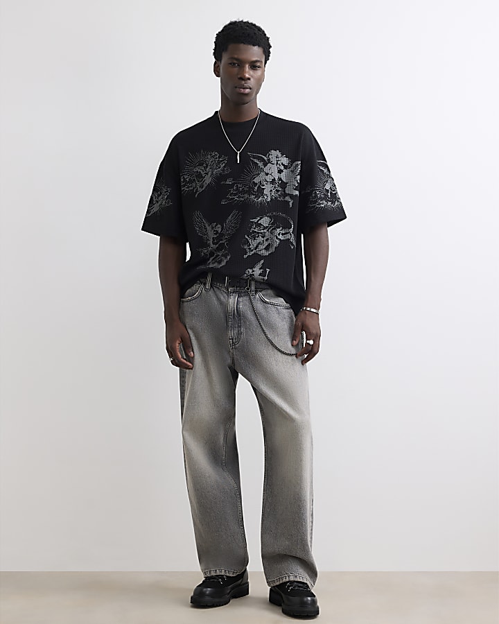Black Oversized Fit Knit Angels T-Shirt