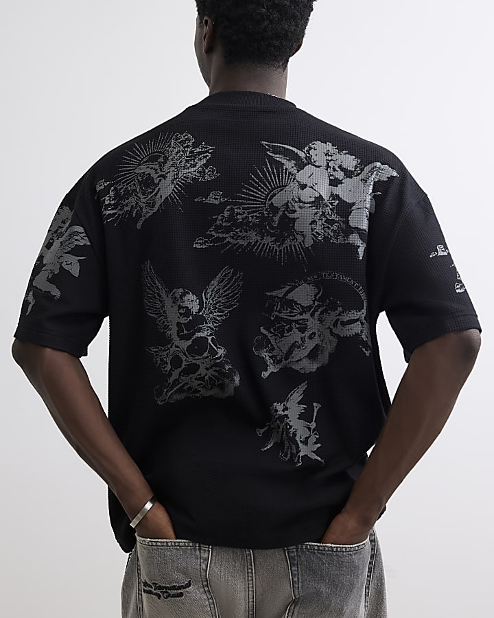 Black Oversized Fit Knit Angels T-Shirt