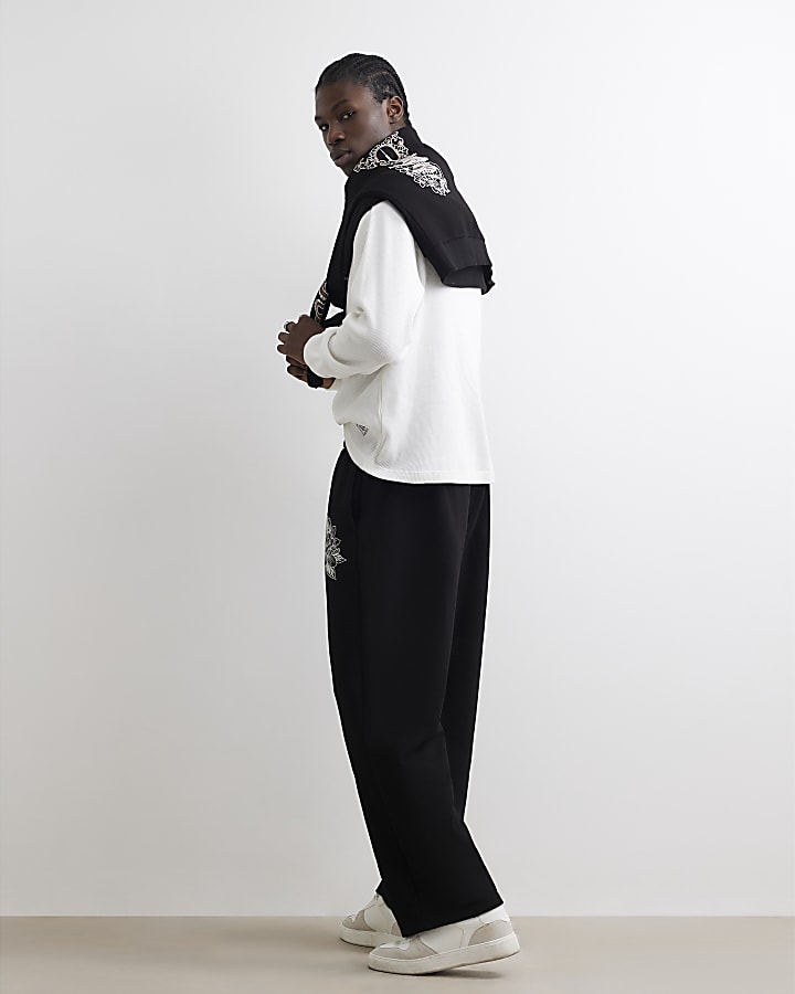 Black Wide Leg Japanese Embroidered Joggers