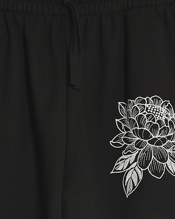 Black Wide Leg Japanese Embroidered Joggers