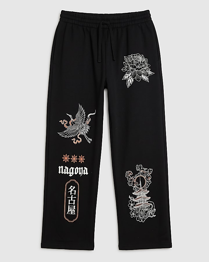 Black Wide Leg Japanese Embroidered Joggers