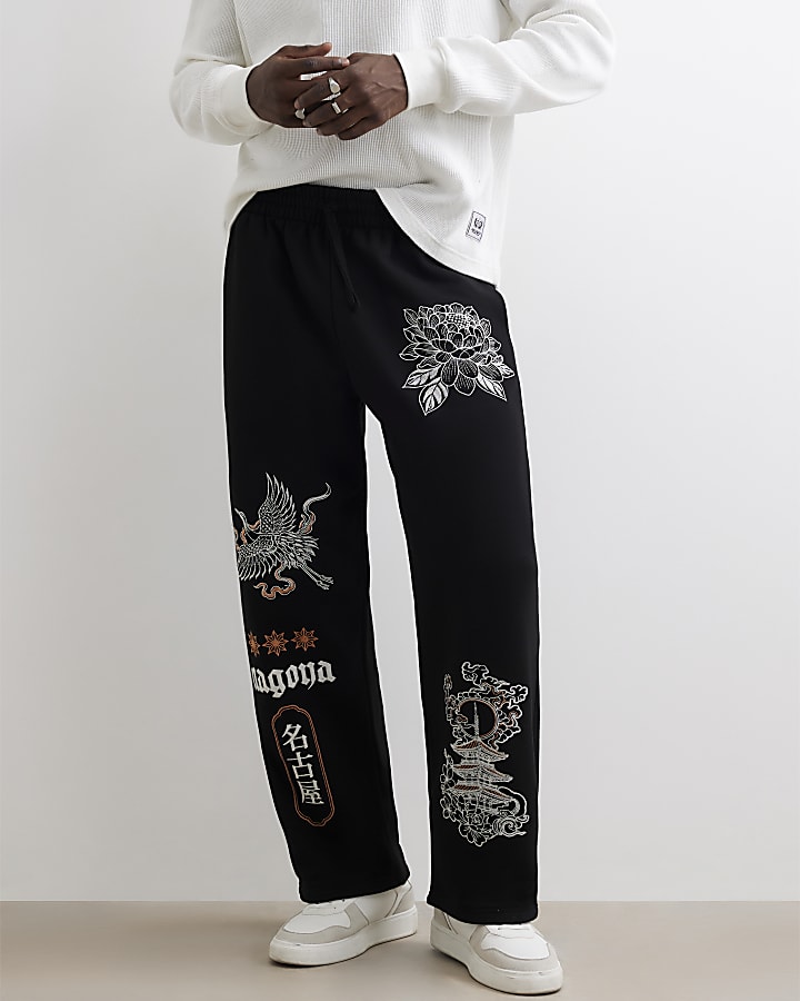 Black Wide Leg Japanese Embroidered Joggers