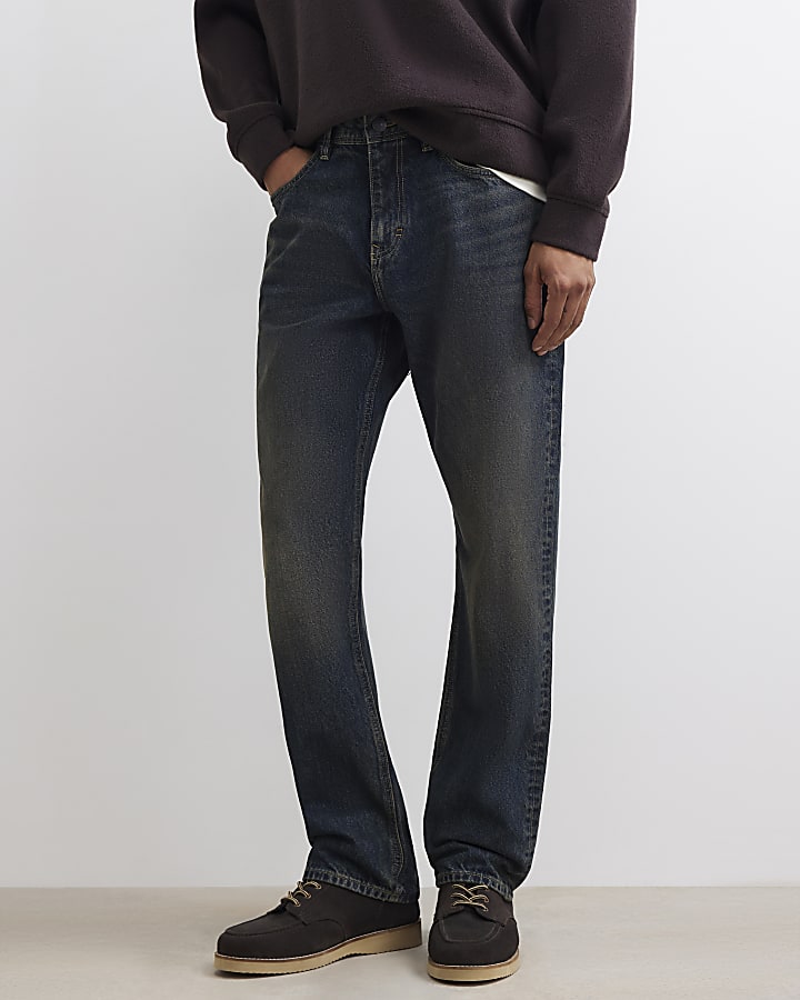 Blue Straight Leg Dark Wash Jeans