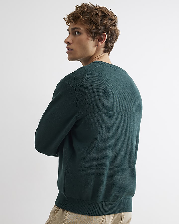 Green Regular Fit Embroidered Henley Jumper